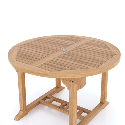 Teak Round to Oval 120-170cm Extending Table, 4cm Top (6 Oxford Stacking Chairs) cushions included.