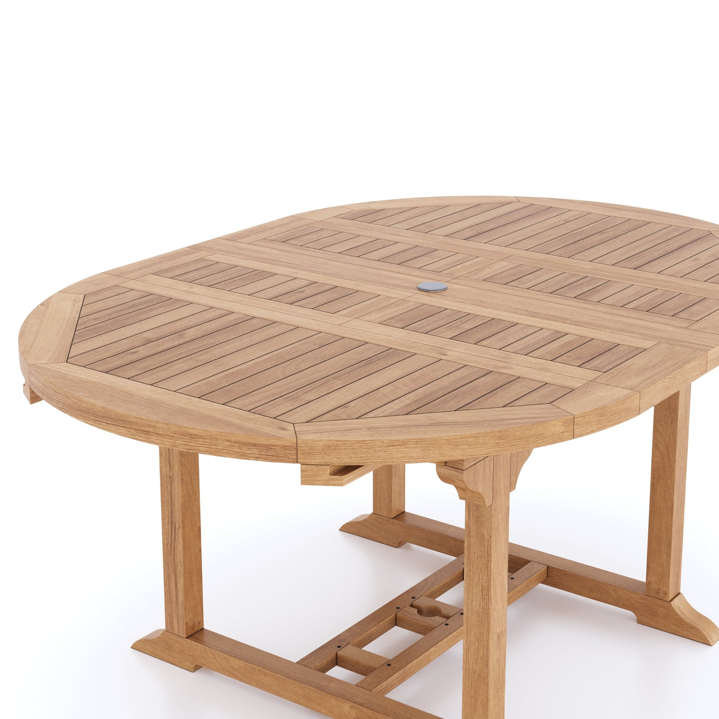 Teak Round to Oval 120-170cm Extending Table, 4cm Top (6 Oxford Stacking Chairs) cushions included.