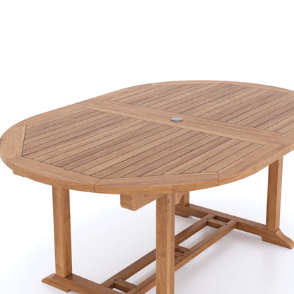 Teak 2-3m Oval Extending Table 4cm Top (10 Oxford Stacking Chairs) Cushions included.