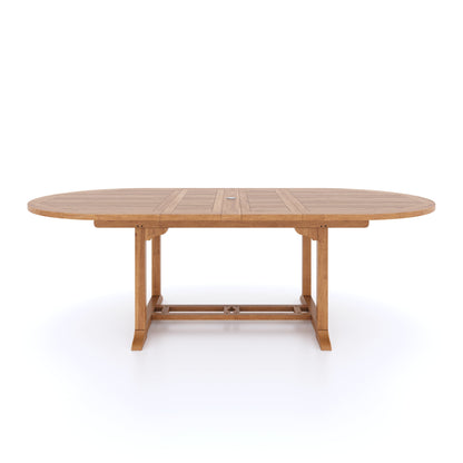 Teak Oval 180-240cm Extending Table with 8 Henley Stacking Chairs Cushions Included.
