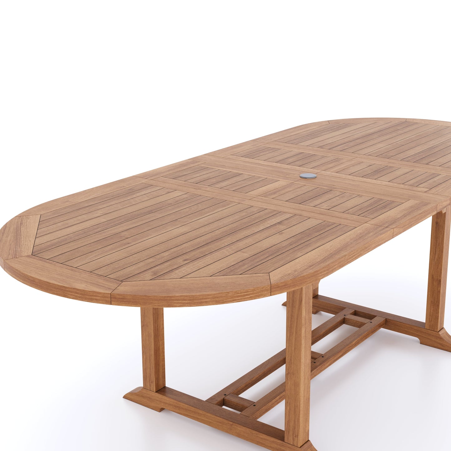 Teak 2-3m Oval Extending Table 4cm Top (10 Oxford Stacking Chairs) Cushions included.