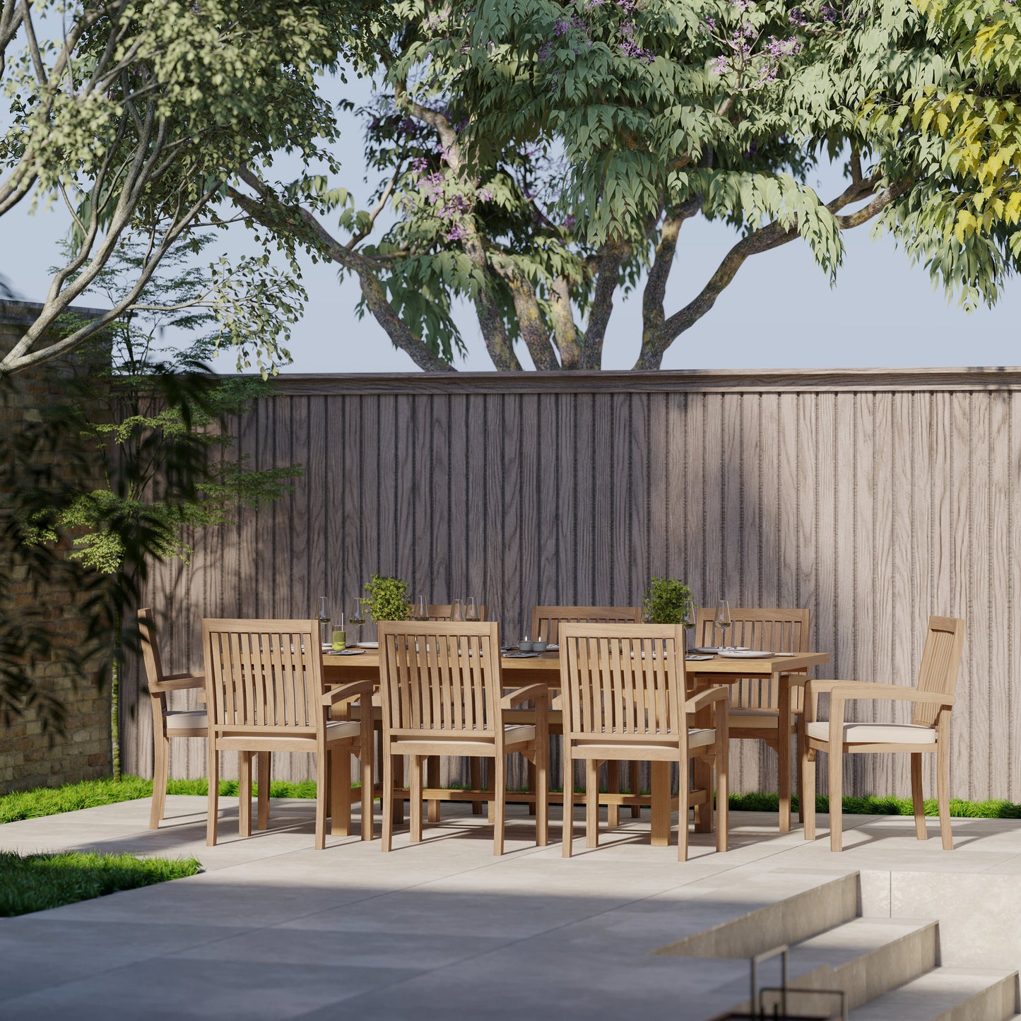 Teak Rectangle 180cm to 240cm Extending Table with 8 Henley Stacking Chairs