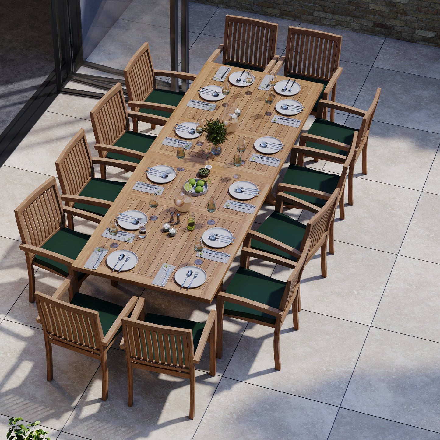 Giant Teak Set 200cm to 300cm Rectangle Extending Table with 12 Henley Stacking Chairs