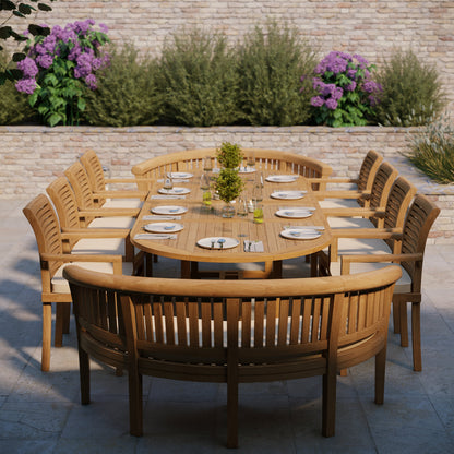 Teak Oval 2m to 3m Extending Table with 8 Oxford Stacking Chairs & 2 San Francisco Benches