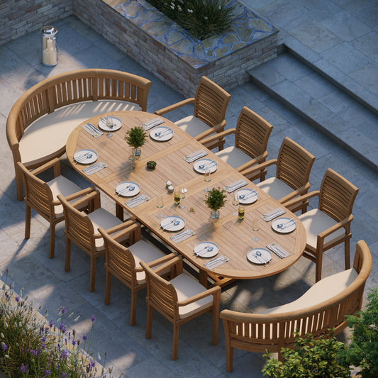 Teak Oval 2m to 3m Extending Table with 8 Oxford Stacking Chairs & 2 San Francisco Benches