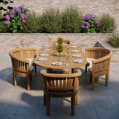 Teak Oval 2-3m Extending Table 4cm Top (2 San Francisco Chair, 2 San Francisco Bench) Free Cushions.